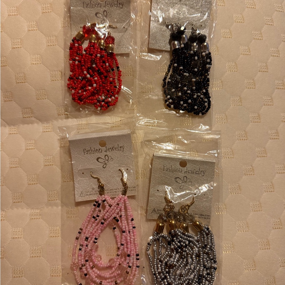 Elegant Beaded Earrings Set - Red, Pink, Black